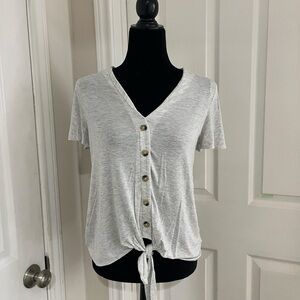 Pink Rose Light Gray Button-Front Tie Hem V-Neck Top